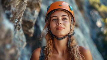 AI generated A beautiful girl with a rock climber is climbing the mountain photo