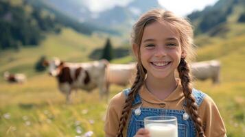 AI generated A beautiful girl with a glass of milk in her hand looks smiling at the camera photo