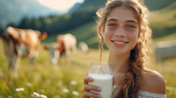 AI generated A beautiful girl with a glass of milk in her hand looks smiling at the camera photo