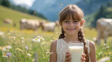 AI generated A beautiful girl with a glass of milk in her hand looks smiling at the camera photo