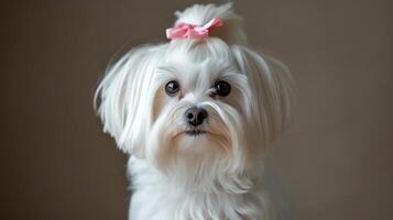 ai generado un hermosamente arreglado blanco maltés perro con un rosado arco en su cabeza mira a el cámara foto