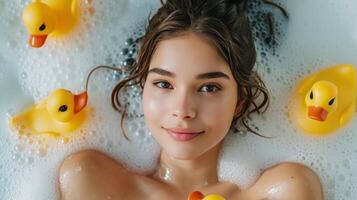 ai generado un hermosa mujer mentiras en un bañera lleno de espuma. Tres caucho amarillo patos nadar con su foto