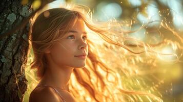 AI generated A beautiful young girl is blown away by the wind. She is holding on to a tree photo