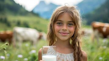 AI generated A beautiful girl with a glass of milk in her hand looks smiling at the camera photo