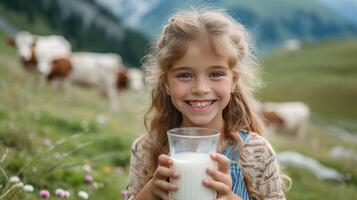 AI generated A beautiful girl with a glass of milk in her hand looks smiling at the camera photo