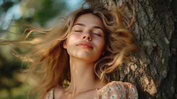 ai generado un hermosa joven niña es estropeado lejos por el viento. ella es participación en a un árbol foto