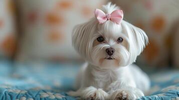 AI generated A beautifully groomed white Maltese dog with a pink bow on her head looks at the camera photo