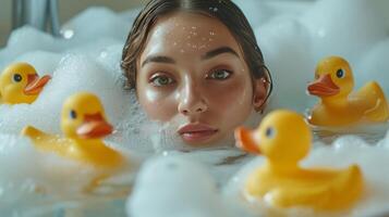 ai generado un hermosa mujer mentiras en un bañera lleno de espuma. Tres caucho amarillo patos nadar con su foto