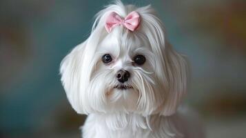 AI generated A beautifully groomed white Maltese dog with a pink bow on her head looks at the camera photo