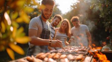 AI generated A group of young people are making a grill. Blurred background of a beautiful summer garden behind photo