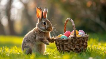 AI generated A cute Easter bunny stands on a green lawn and holds in his paws a wicker basket with colorful Easter eggs photo