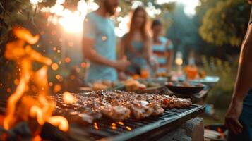 AI generated A group of young people are making a grill. Blurred background of a beautiful summer garden behind photo