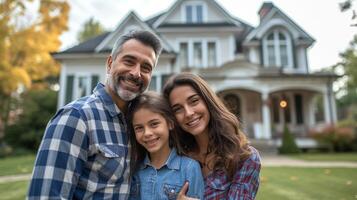 ai generado un contento americano familia soportes en el césped cerca su casa y mira a el cámara, sonriente foto