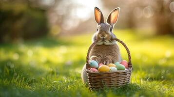 AI generated A cute Easter bunny stands on a green lawn and holds in his paws a wicker basket with colorful Easter eggs photo