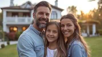 AI generated A happy American family stands on the lawn near their house and looks at the camera, smiling photo