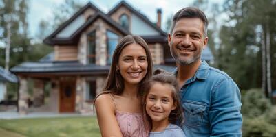 ai generado un contento americano familia soportes en el césped cerca su casa y mira a el cámara, sonriente foto