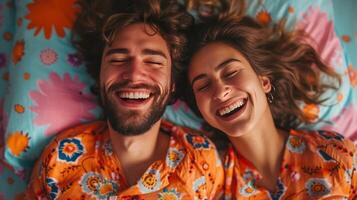 ai generado un contento Pareja en pareo pijama se ríe mientras acostado en cama foto