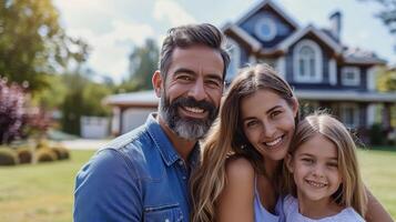 AI generated A happy American family stands on the lawn near their house and looks at the camera, smiling photo