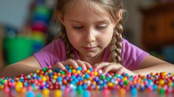 AI generated A little girl of eight years old collects beads for herself from multi-colored plastic round beads photo