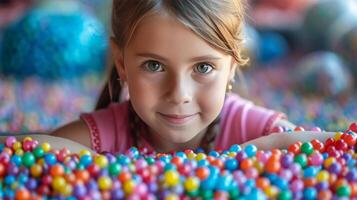 AI generated A little girl of eight years old collects beads for herself from multi-colored plastic round beads photo