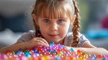 AI generated A little girl of eight years old collects beads for herself from multi-colored plastic round beads photo