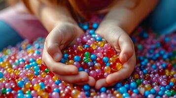 AI generated A little girl of eight years old collects beads for herself from multi-colored plastic round beads photo