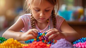 AI generated A little girl of eight years old collects beads for herself from multi-colored plastic round beads photo