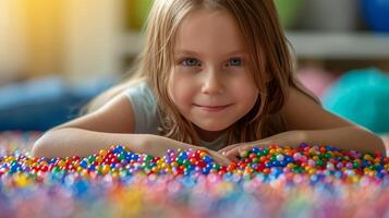 AI generated A little girl of eight years old collects beads for herself from multi-colored plastic round beads photo