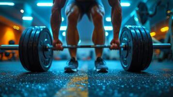 AI generated A male athlete lifts a heavy barbell. Blurred gym in the background photo