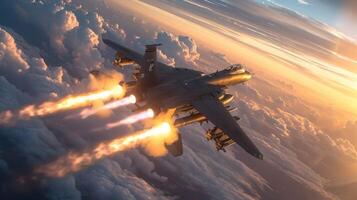 ai generado un militar avión incendios misiles el cielo es todas alrededor foto
