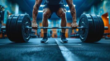 AI generated A male athlete lifts a heavy barbell. Blurred gym in the background photo