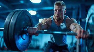 AI generated A male athlete lifts a heavy barbell. Blurred gym in the background photo