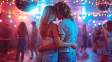 AI generated A young couple in jeans and shiny T-shirts dances at a disco photo