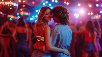 AI generated A young couple in jeans and shiny T-shirts dances at a disco photo