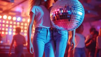 AI generated A young couple in jeans and shiny T-shirts dances at a disco photo