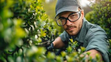 AI generated A young handsome gardener trims a boxwood bush with large garden scissors photo