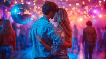 AI generated A young couple in jeans and shiny T-shirts dances at a disco photo