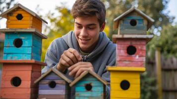 AI generated A young man makes a birdhouse from brightly colored planks in the backyard of his American home photo