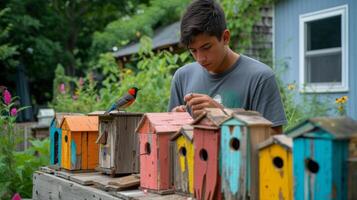 AI generated A young man makes a birdhouse from brightly colored planks in the backyard of his American home photo