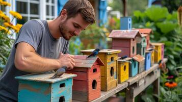 AI generated A young man makes a birdhouse from brightly colored planks in the backyard of his American home photo