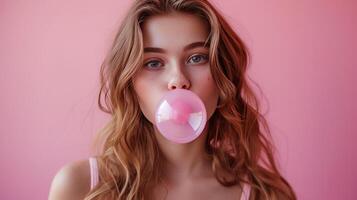 ai generado hermosa niña golpes un grande rosado burbuja desde burbuja goma foto