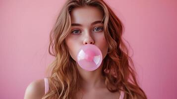 AI generated Beautiful girl blows a big pink bubble from bubble gum photo