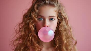 ai generado hermosa niña golpes un grande rosado burbuja desde burbuja goma foto