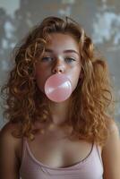 AI generated Beautiful girl blows a big pink bubble from bubble gum photo