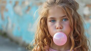 ai generado hermosa niña golpes un grande rosado burbuja desde burbuja goma foto