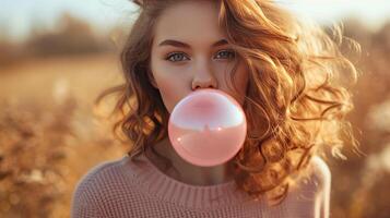 AI generated Beautiful girl blows a big pink bubble from bubble gum photo