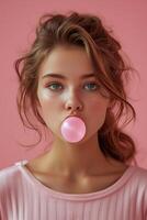 AI generated Beautiful girl blows a big pink bubble from bubble gum photo