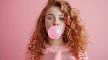 AI generated Beautiful girl blows a big pink bubble from bubble gum photo