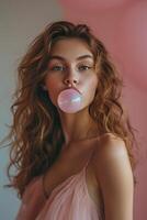 AI generated Beautiful girl blows a big pink bubble from bubble gum photo