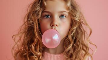 AI generated Beautiful girl blows a big pink bubble from bubble gum photo